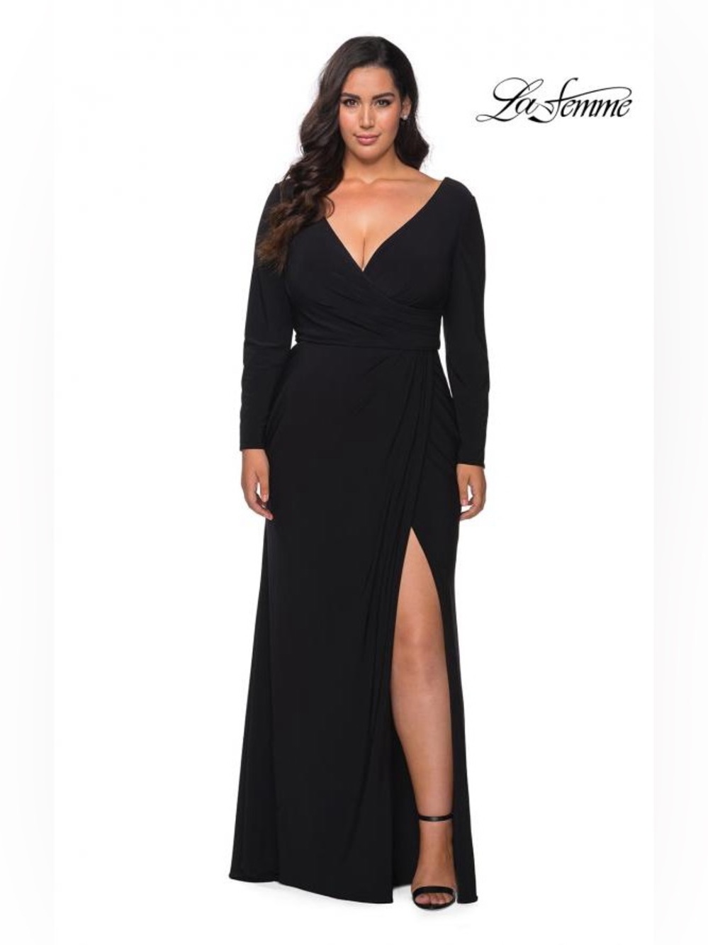 NWT La Femme 29044 Plus Size Black Long Sleeve Faux Wrap Gown 14 29044